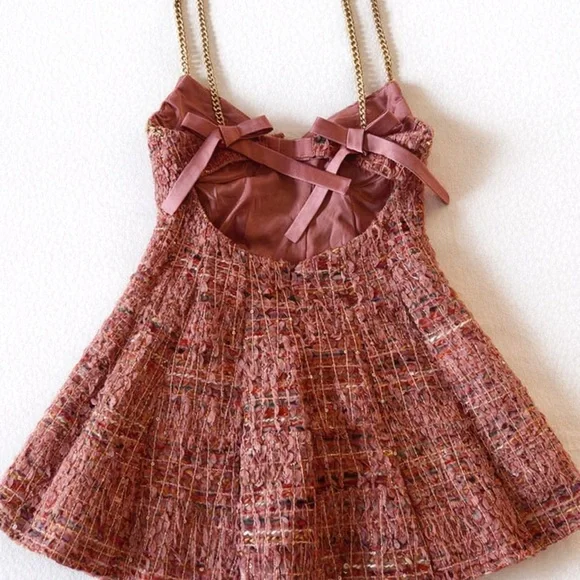 For Love And Lemons Rose Tweed Mini Dress with Gold Chain Straps - Picture 3 of 3